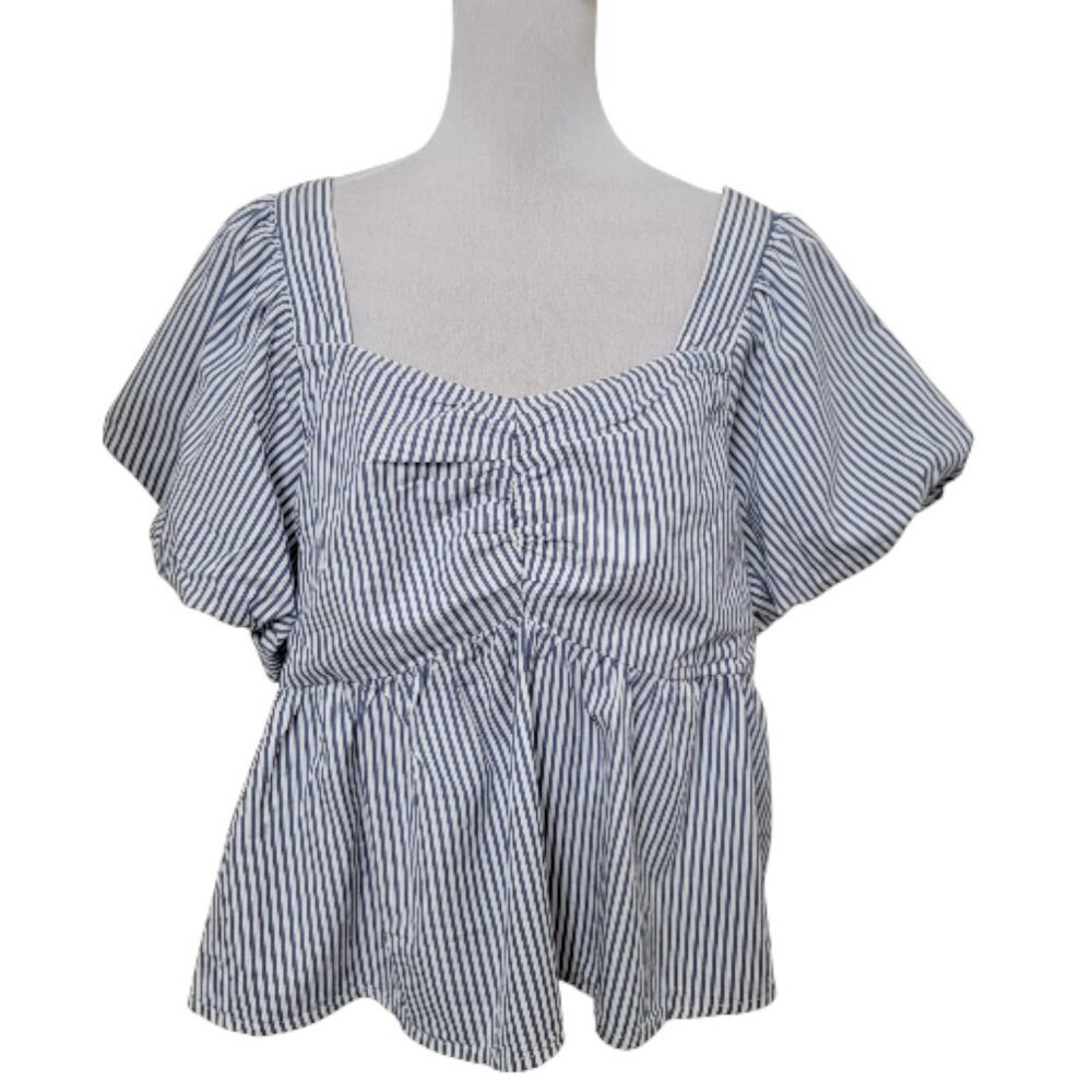 NWOT Old Navy Size XL Blue & White Puff Sleeve Square Neck Peplum Blouse